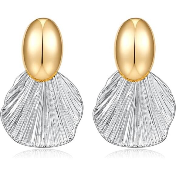 Two-Tone Chunky Earrings | Gold Oval & Silver Fan Shell Dangles - Picture 1 of 6